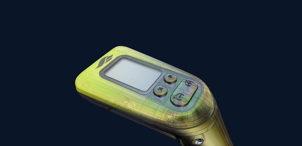 Handheld controller with translucent shell showing internals