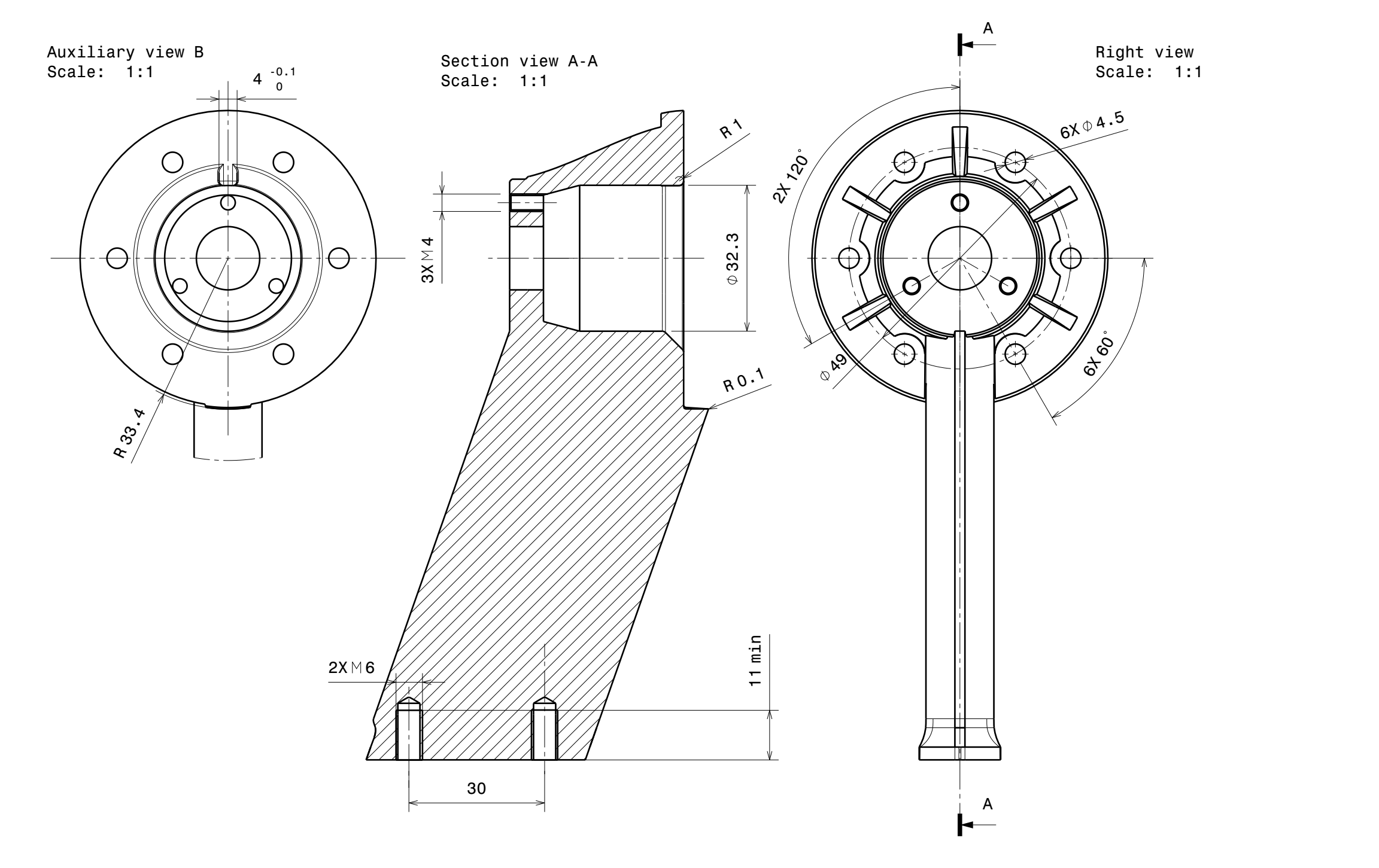 2D mechanical engineering drawing with dimensions